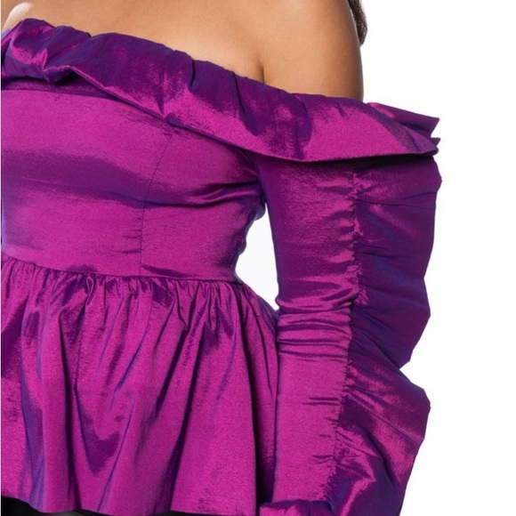 Callie Shimmer:  Slightly Stretchy Taffeta Ruffle Off Shoulder Purple Blouse SM - Picture 3 of 7
